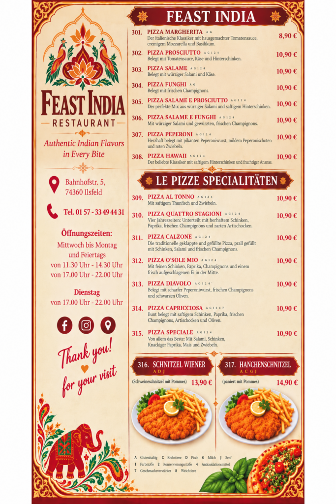 Indische Speisekarte mit Pizza-Spezialitäten